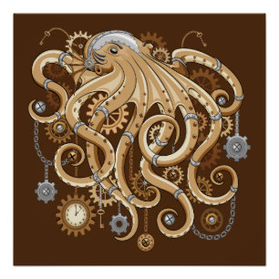 Octopus Steampunk Retro Mechanical Fantasy Poster