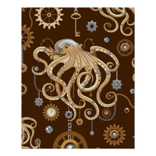 Octopus Steampunk Retro Mechanical Fantasy Poster