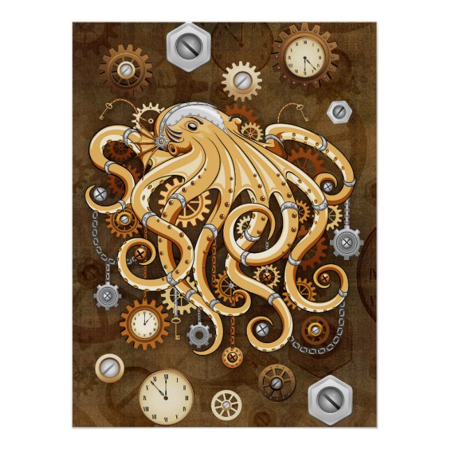 Octopus Steampunk Retro Mechanical Fantasy Poster (Front)