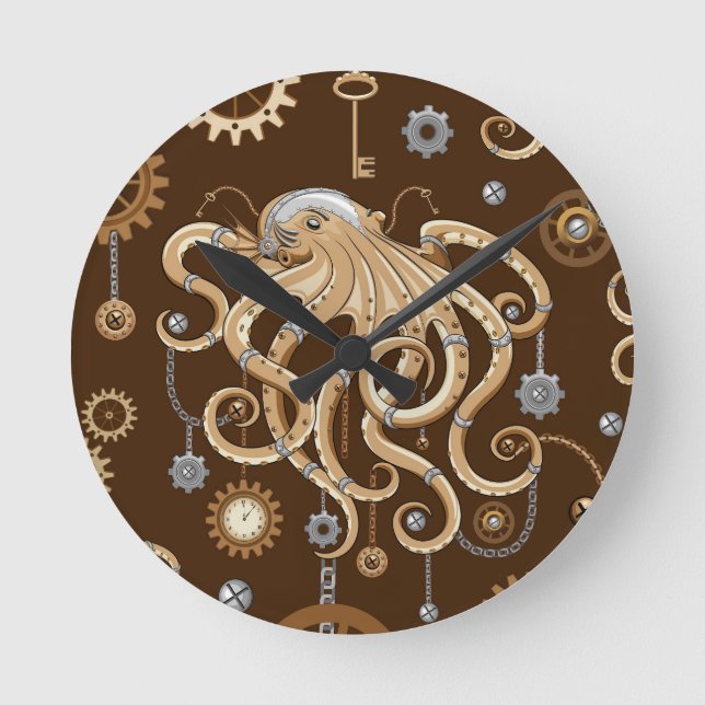 Octopus Steampunk Retro Mechanical Fantasy Round Clock (Front)