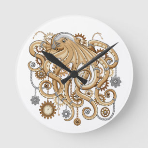 Octopus Steampunk Retro Mechanical Fantasy Round Clock