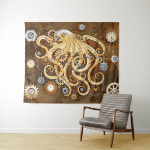 Octopus Steampunk Retro Mechanical Fantasy Tapestry