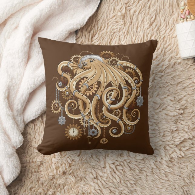 Octopus Steampunk Retro Mechanical Fantasy Throw Pillow (Blanket)