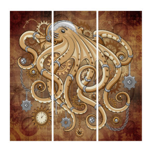 Octopus Steampunk Retro Mechanical Fantasy Triptych