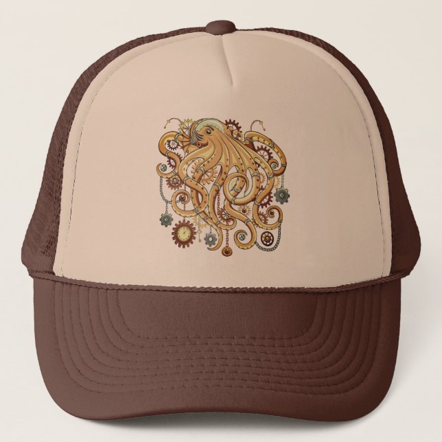 Octopus Steampunk Retro Mechanical Fantasy Trucker Hat (Front)