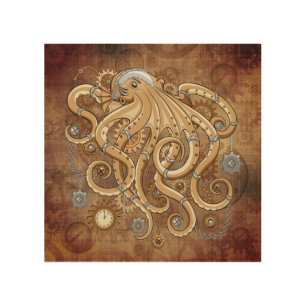 Octopus Steampunk Retro Mechanical Fantasy Wood Wall Art