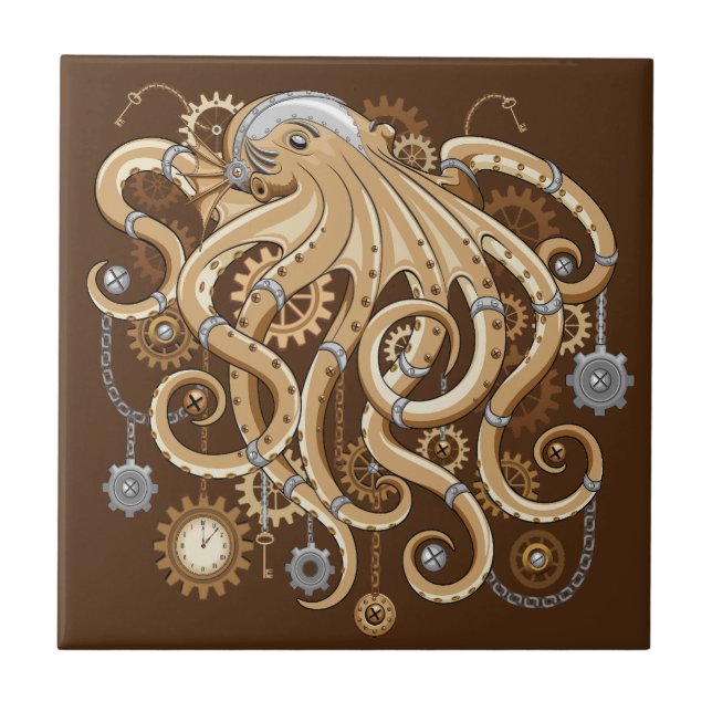 Octopus Steampunk Surreal Retro Style Machine  Ceramic Tile (Front)