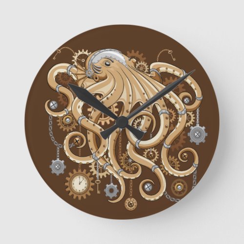 Octopus Steampunk Surreal Retro Style Machine   Round Clock