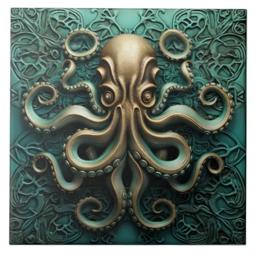 Octopus Teal and Copper Marine Life Aquatic Ceramic Tile