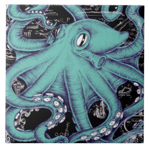 Octopus Teal vintage map Ink Ceramic Tile