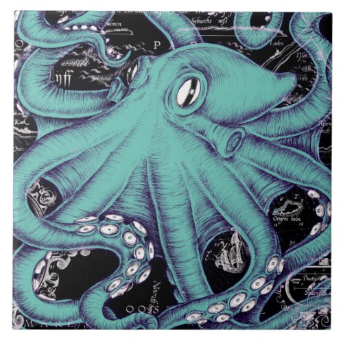 Octopus Teal vintage map Ink Ceramic Tile