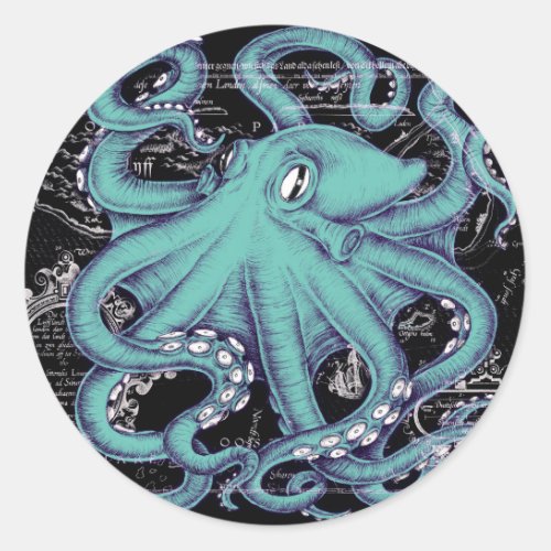 Octopus Teal vintage map Ink Classic Round Sticker