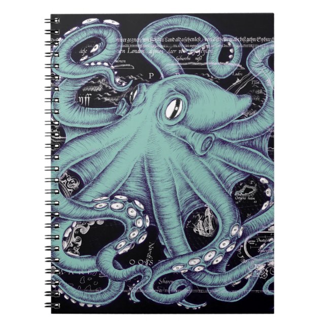 Octopus Teal vintage map Ink Notebook (Front)