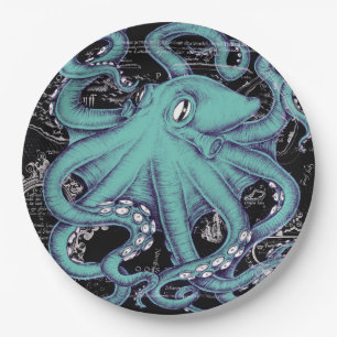 Octopus Teal vintage map Ink Paper Plates