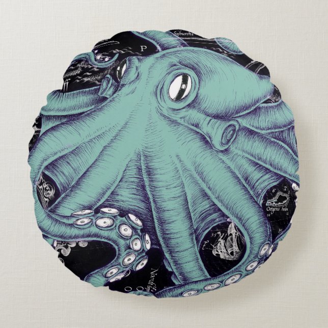 Octopus Teal vintage map Ink Round Pillow (Front)