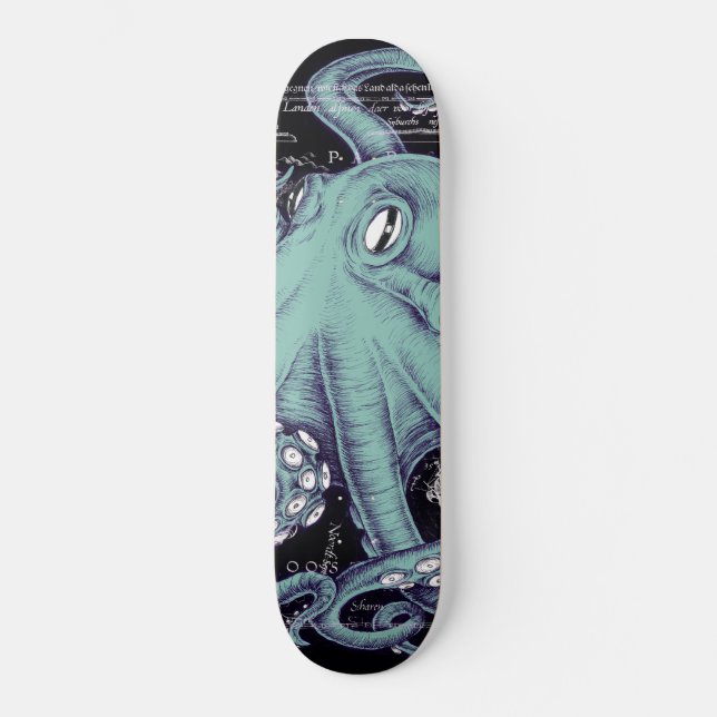 Octopus Teal vintage map Ink Skateboard (Front)