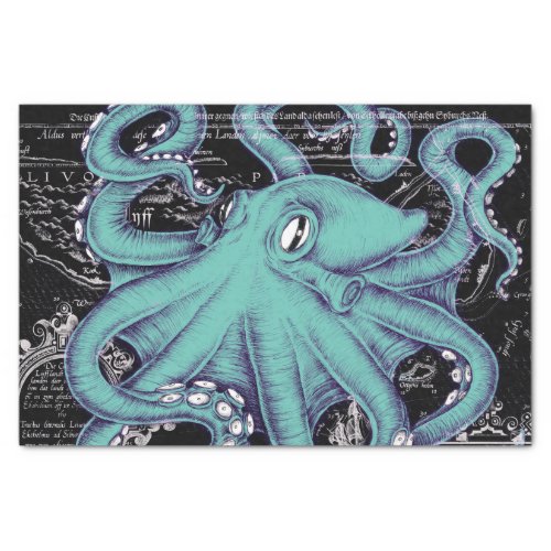 Octopus Teal vintage map Ink Tissue Paper