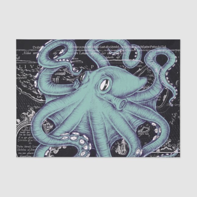Octopus Teal vintage map Ink Tissue Paper (Front)