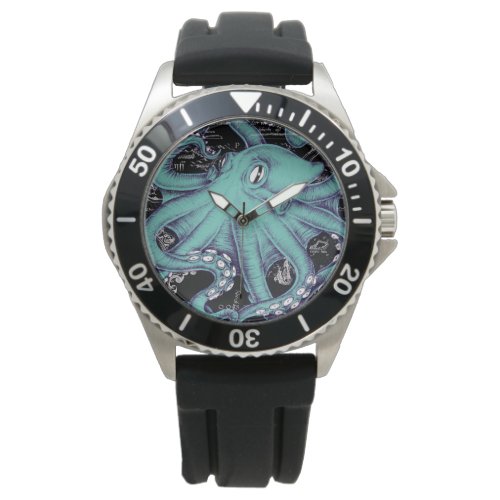 Octopus Teal vintage map Ink Watch