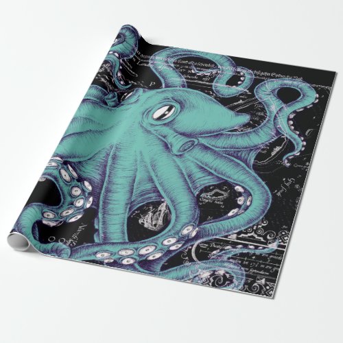 Octopus Teal vintage map Ink Wrapping Paper