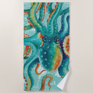 Octopus Teal Vintage Map Watercolor Beach Towel