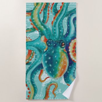 Octopus Teal Vintage Map Watercolor Beach Towel by EveyArtStore at Zazzle