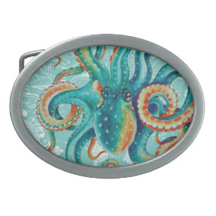 Octopus Teal Vintage Map Watercolor Belt Buckle