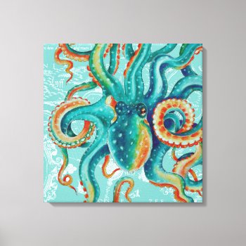 Octopus Teal Vintage Map Watercolor Canvas Print by EveyArtStore at Zazzle