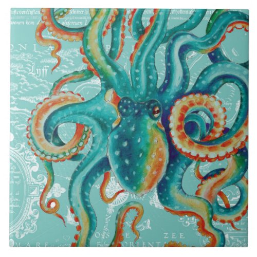 Octopus Teal Vintage Map Watercolor Ceramic Tile