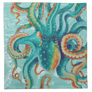 Octopus Teal Vintage Map Watercolor Cloth Napkin