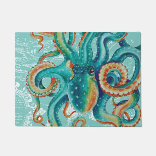 Octopus Teal Vintage Map Watercolor Doormat