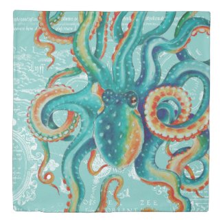 Octopus Teal Vintage Map Watercolor
