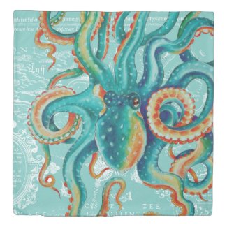 Octopus Teal Vintage Map Watercolor