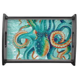 Octopus Teal Vintage Map Watercolor Serving Tray