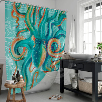 Octopus Teal Vintage Map Watercolor Shower Curtain by EveyArtStore at Zazzle