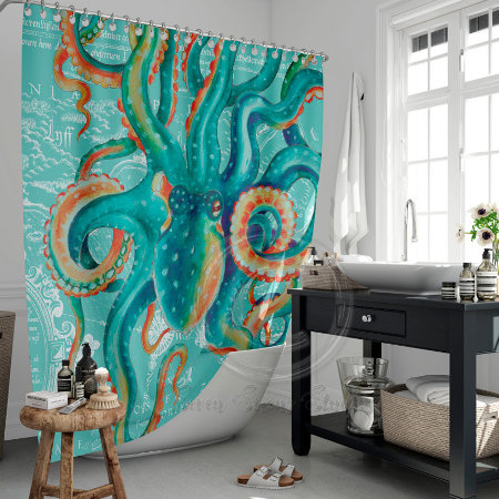 Octopus Teal Vintage Map Watercolor Shower Curtain