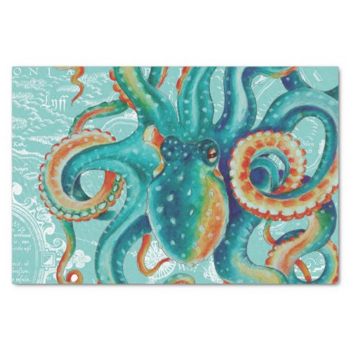 Octopus Teal Vintage Map Watercolor Tissue Paper