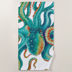 Octopus Teal Watercolor Art Beach Towel