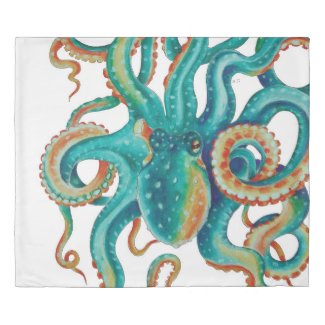 Octopus Teal Watercolor Art Duvet Cover