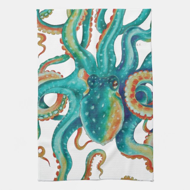 Octopus Teal Watercolor Art Kitchen Towel (Vertical)