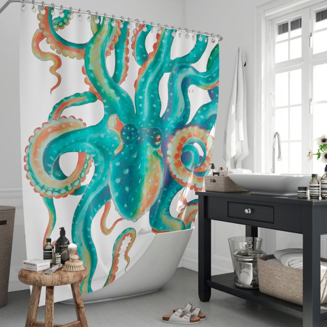 Octopus Teal Watercolor Art Shower Curtain (Creator Uploaded)