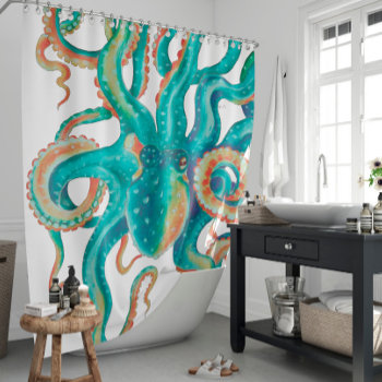 Octopus Teal Watercolor Art Shower Curtain by EveyArtStore at Zazzle