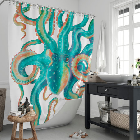 Octopus Teal Watercolor Art Shower Curtain