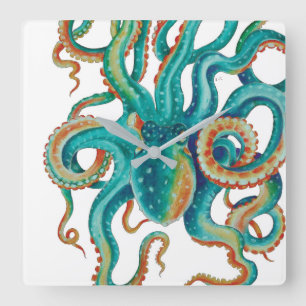 Octopus Teal Watercolor Art Square Wall Clock