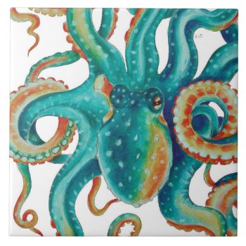 Octopus Teal Watercolor Tentacles Watercolor Ceramic Tile by EveyArtStore at Zazzle