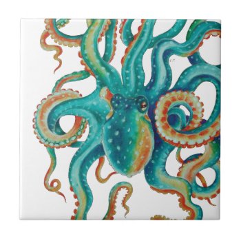 Octopus Teal Watercolor Tentacles Watercolor Ceramic Tile by EveyArtStore at Zazzle