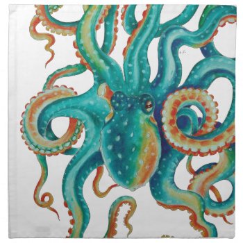Octopus Teal Watercolor Tentacles Watercolor Cloth Napkin by EveyArtStore at Zazzle