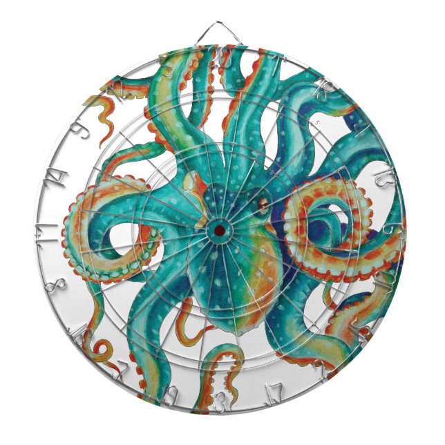 Octopus Teal Watercolor Tentacles Watercolor Dart Board (Front)