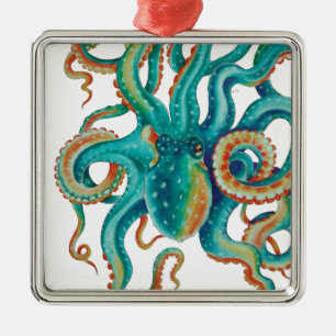 Octopus Teal Watercolor Tentacles Watercolor Metal Ornament