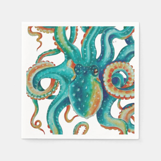 Octopus Teal Watercolor Tentacles Watercolor Napkins (Front)